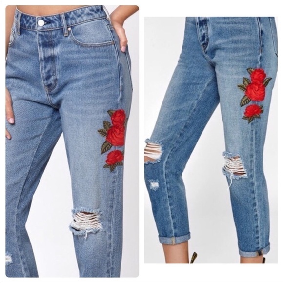 NWT NEW PACSUN mom jeans embroidered red rose boho dad 90s y2k high rise floral - Picture 8 of 11